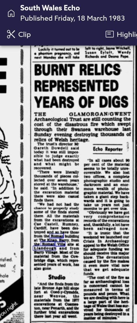 “Burnt relics represented years of digs”, South Wales Echo, 18 March 1983