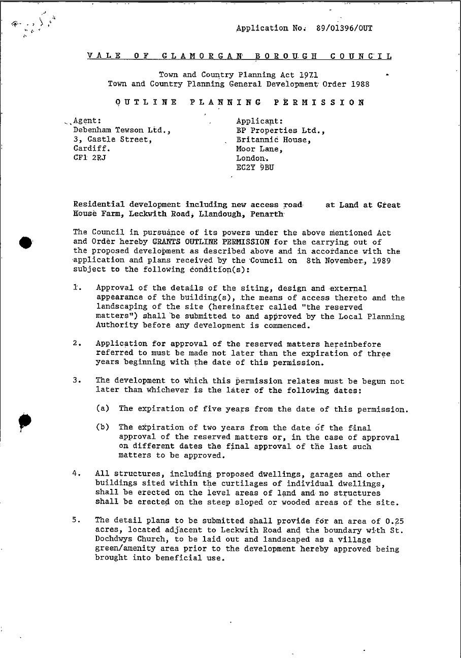 Outline planning permission 89/01396/OUT, first page